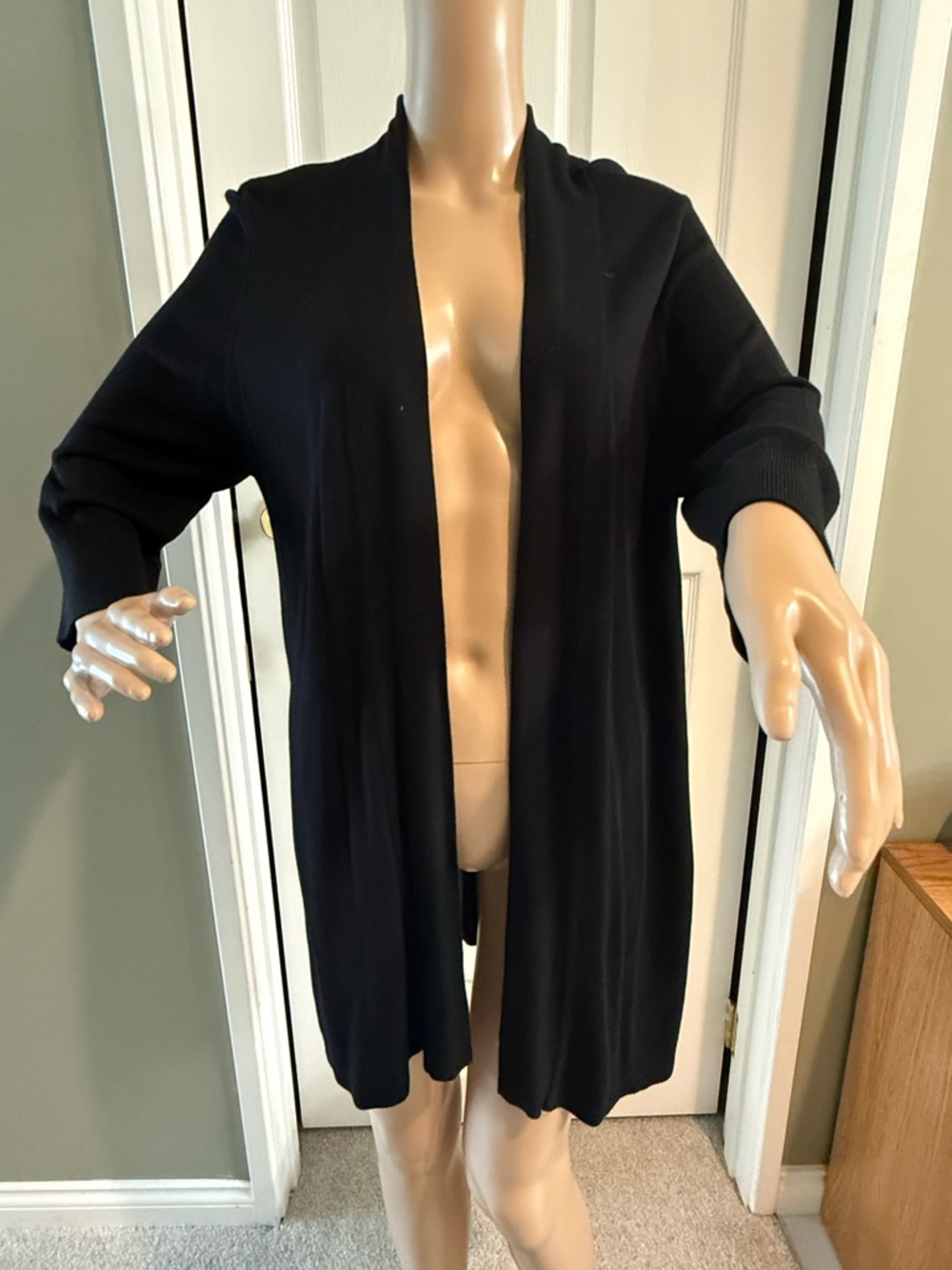 Chicos Size 2 L Long Open Cardigan Duster Lightweight Black Tight Knit Comfy